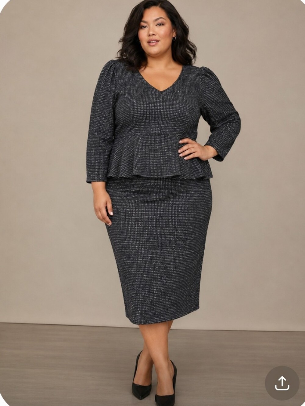 "Office Siren" Plus Size Black Boucle Peplum Top and Pencil Skirt